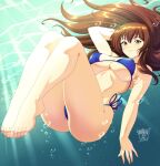 1girl 2025 alluring arm_behind_head artist_name big_breasts bikini brown_eyes brown_hair danmakuman dated day dead_or_alive dead_or_alive_2 dead_or_alive_3 dead_or_alive_4 dead_or_alive_5 dead_or_alive_6 dead_or_alive_xtreme_venus_vacation dot_nose english_commentary full_body high_res kasumi kasumi_(doa) knees_up kunoichi legs_together long_hair looking_at_viewer parted_lips sidelocks signature silf submerged sunlight tecmo uncensored variant_set water