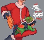 apologizing elf elf_male english_text fully_clothed_male male male_focus male_only milkybinkie no_visible_genitalia otk otk_spanking over_the_knee over_the_knee_spanking paddling plain_background punishment santa_claus size_difference speech_bubbles