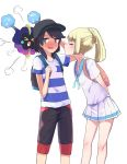  1boy 1girl ababarion ababarion_(artist) absurdres backpack bag baseball_cap black_hair blonde_hair blush capri_pants closed_eyes cosmog hat highres incipient_kiss kiss lillie lillie_(pokemon) long_hair open_mouth pants pokemon pokemon_(creature) pokemon_(game) pokemon_sm ponytail shirt short_hair simple_background skirt striped striped_shirt sun_(pokemon) sun_(trainer) sweatdrop twitter white_background white_skirt 