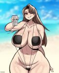  1girl 1girl ace_attorney alcohol asahi_breweries beach bikini black_bikini brown_eyes brown_hair can drink earrings hand_up holding_object long_hair mia_fey mole mole_under_mouth ocerius one_eye_closed seaside sling_bikini solo_female sweat 