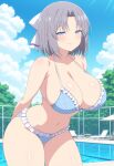  1girl ai_generated arms_behind_back big_breasts bikini blue_bikini blue_eyes blush bow breasts cleavage female_only grey_hair hair_bow leaning_forward outdoor_pool outside pool poolside seductive_eyes seductive_look seductive_smile senran_kagura smile solo_female vegaforge white_bow yumi_(senran_kagura) 