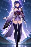 1girl 1girls ai_generated big_breasts blush braided_ponytail breasts breasts_out clothed clothed_female female_only genshin_impact hair_accessory hair_ornament head_accessory head_ornament lightning long_hair night night_sky nipples obi outside purple_eyes purple_hair raiden_shogun raining sash smile solo_female standing wet