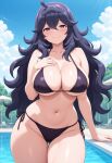 1girl ai_generated big_breasts bikini blush breasts cleavage female_only hand_on_chest hand_on_own_chest headband hex_maniac in_pool in_water long_hair nintendo outdoor_pool outside pokemon pool purple_bikini purple_eyes purple_hair purple_headband smile solo_female vegaforge