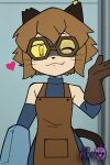 1girl 1girl ai_generated animal_ears anthro apron artist_name bare_shoulders brown_apron brown_gloves brown_hair cat_ears cat_girl cat_tail closed_mouth clothing eyewear fang fang_out furry furry_female gameoverse gloves goggles littlehentai looking_at_viewer mammal one_eye_closed piercing savitar savitar_(artist) short_hair slit_pupils smile tail tinted_eyewear whiskers yellow_apron yellow_eyes
