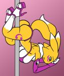 1girl anthro ass blue_eyes bra breasts clothing creatiffy creatiffy_(artist) dancing digimon elbow_gloves facial_markings footwear fur furry gloves high_heels looking_at_viewer markings pole pole_dancing pose renamon seductive shoes simple_background stripper stripper_pole stripping underwear upside_down yellow_fur