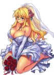  1girl blonde_hair blue_eyes bride cleavage freezing_(series) glasses long_hair looking_at_viewer satellizer_el_bridget wedding_dress 