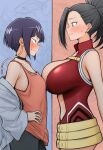 2_girls ai_generated black_eyes black_hair boku_no_hero_academia breast_size_difference gigantic_breasts grin huge_breasts jirou_kyouka light-skinned_female light_skin massive_breasts momo_yaoyorozu my_hero_academia ponytail short_hair small_breasts thick_body thick_female voluptuous voluptuous_female