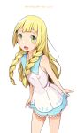 armpits arms_behind_head blonde_hair blue_eyes blue_hair braid cloba_(daeniel811015) dark_skin dress fingers_together flower green_eyes green_hair hair_flower hair_ornament hairband highres lillie lillie_(pokemon) long_hair no_hat no_headwear open_mouth pokemon pokemon_(game) pokemon_sm short_hair sleeveless sleeveless_dress swimsuit swimsuit_under_clothes trial_captain twin_braids white_dress