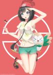 >_< 1girl armpits bangs bare_legs beanie between_breasts black_hair blue_eyes blush breasts closed_eyes deviantart eyebrows_visible_through_hair floral_print green_shorts hat highres jumping kanz kanz_(artist) looking_at_viewer medium_breasts midriff moon_(pokemon) moon_(trainer) navel pokemon pokemon_(creature) pokemon_(game) pokemon_sm red_hat rowlet salute shirt shoes short_hair short_shorts short_sleeves shorts sneakers strap_cleavage swept_bangs t-shirt thigh_gap throwing_poke_ball tied_shirt