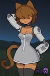 1girl 1girl 1girl ai_generated all_fours android animal_ears anthro black_choker borrowed_character breasts brown_hair cat_ears cat_girl cat_tail choker cleavage clothing collarbone covered_eyes dark-skinned_female dark_skin dress facing_viewer furry furry_female gameoverse grass grey_dress grey_thighhighs hair_over_eyes joints lips littlehentai mammal mechanical_arms medium_breasts night night_sky outside robot_joints savitar savitar_(artist) short_dress short_hair single_mechanical_arm sky smile star_(sky) starry_sky stockings strapless strapless_dress tail whiskers zettai_ryouiki