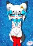 1girl 1girl 2016 anthro areola blush breasts canine chest_tuft chibi christmas clothing crying digital_media_(artwork) eyelashes fox fur furry hair high_res holidays kemono legwear looking_at_viewer mammal milkteafox nipples pussy simple_background smile snowflake standing stockings tears tuft underwear white_fur