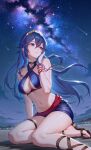 1girl adapted_costume adjusting_clothes alluring alternate_breast_size_(larger) alternate_costume beach belt bikini black_belt blue_bikini blue_eyes blue_hair blue_shorts brand_of_the_exalt buckle chibi choker cleavage cleavage_cutout clothing_cutout commentary commission criss-cross_halter english_commentary fire_emblem fire_emblem_warriors hair_between_eyes halterneck high_res intelligent_systems lightria long_hair lucina lucina_(fire_emblem) medium_breasts meteor_shower milky_way mismatched_pupils navel nebula night nintendo outside parted_lips sandals shooting_star short_shorts shorts sky star_(sky) starry_sky swimsuit teardrop_necklace thick_thighs thigh_strap thighs tiara