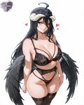1girl ai_generated albedo_(overlord) big_breasts black_bra black_garter_belt black_hair black_panties black_stockings black_wings bra breasts cleavage detached_collar eli_arts female_only garter_belt hand_on_own_thigh hand_on_thigh hearts horns long_hair overlord panties solo_female stockings succubus wings yellow_eyes