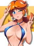  1girl 1girl alluring areola_slip bikini_tan blue_eyes blue_one-piece_bikini closed_mouth collarbone covered_erect_nipples double_v earrings eyelashes eyeshadow flipped_hair flower_earrings green_eyeshadow hands_up high_res jewelry lips looking_at_viewer makeup mario_(series) medium_hair navel nintendo one-piece_bikini one_eye_closed orange_background orange_hair princess_daisy red_lips shiny_skin silhouette slingshot_swimsuit smile sonicbluespeed super_mario_bros. swimsuit tan tan_line thick_eyebrows v white_background 
