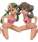 2_girls 2girls :d bare_shoulders bikini blush bra breasts brown_hair cleavage collarbone covered_nipples dark_skin flower green_eyes green_hair hair_flower hair_ornament kneeling long_hair looking_at_viewer mallow mallow_(pokemon) mao_(pokemon) multiple_girls open_mouth panties pink_bikini pokemon pokemon_(game) pokemon_sm pokemon_xy polka_dot polka_dot_bikini quad_tails sana_(pokemon) shauna small_breasts smile string_bikini swimsuit tamagoroo_(funifuni_labo) twintails twitter