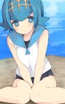  1girl beach between_legs blue_eyes blue_hair blush bright_pupils hairband hand_between_legs highres lana looking_at_viewer nigo_(aozoragarou) nigou_(aozoragarou) ocean one-piece_swimsuit pokemon pokemon_(game) pokemon_sm sailor_collar sand shirt short_hair sitting sleeveless sleeveless_shirt solo suiren_(pokemon) swimsuit swimsuit_under_clothes trial_captain water 