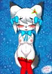 1girl 1girl 2016 anthro areola blush breasts canine chest_tuft chibi christmas clothing digital_media_(artwork) eyelashes fox fur furry hair high_res holidays kemono legwear looking_at_viewer mammal milkteafox nipples pussy simple_background smile snowflake standing stockings tuft underwear white_fur