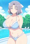  1girl ai_generated arms_behind_back big_breasts bikini blue_bikini blue_eyes blush bow breasts cleavage female_only grey_hair hair_bow outdoor_pool outside pool poolside seductive_eyes seductive_look seductive_smile senran_kagura smile solo_female vegaforge white_bow yumi_(senran_kagura) 