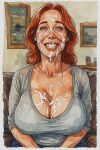 big_breasts bust cleavage couch cum cum_on_cleavage facial female_only living_room red_hair redhead redhead_female sloppyai
