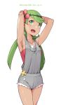 armpits arms_behind_head blonde_hair blue_eyes blue_hair braid cloba_(daeniel811015) dark_skin dress fingers_together flower green_eyes green_hair hair_flower hair_ornament hairband highres long_hair mallow mallow_(pokemon) mao_(pokemon) no_hat no_headwear open_mouth pokemon pokemon_(game) pokemon_sm short_hair sleeveless sleeveless_dress swimsuit swimsuit_under_clothes trial_captain twin_braids white_dress