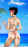 asian asian_female ass back_view beach bikini black_hair brown_eyes cellphone earring jubilation_lee jubilee marvel marvel_comics ocean palm_tree r3ydart thong thong_bikini x-men