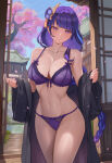 1girl ai_generated big_breasts black_robe blush bra bra_and_panties braided_ponytail breasts cherry_blossoms cleavage female_only genshin_impact hair_accessory hair_ornament head_accessory head_ornament hikari_lewd long_hair panties purple_bra purple_eyes purple_hair purple_panties raiden_shogun robe smile solo_female