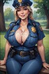  big_breasts blonde blonde_hair cleavage cop cum cum_on_cleavage facial female_only outside park police sloppyai uniform 