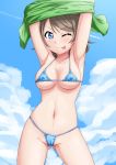 ;p anime ass_visible_through_thighs bikini blue_bikini blue_bra blue_eyes blue_panties blue_sky blush bra breasts cameltoe cloud condensation_trail cowboy_shot day daytime ecchi highres legs_apart light_brown_hair looking_at_viewer love_live! love_live!_(series) love_live!_school_idol_project love_live!_sunshine!! medium_breasts micro_bikini navel one_eye_closed outdoors panties rentarow0201 rentarow0201_(artist) sazanami_tarou shiny shiny_skin shirt_lift short_hair sky smile solo standing string_bikini swimsuit tehepero tongue tongue_out twitter underboob undressing watanabe_you wink