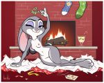  1girl 1girl anthro armpits artbirchly_(artist) breasts christmas clothing disney eggnog fireplace fur furry gift gift_tag grey_fur holidays judy_hopps lagomorph legwear looking_at_viewer mammal mistletoe nude plant purple_eyes rabbit stockings wrapping_paper zootopia 