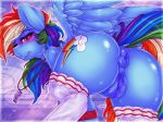 1girl 2016 abstract_background absurd_res anus ass biting_lip blue_feathers blush border clitoral_hood clothing cutie_mark digital_media_(artwork) dimwitdog dock dripping equine feathered_wings feathers feral friendship_is_magic hair high_res legwear long_hair looking_at_viewer looking_back mammal multicolored_hair multicolored_tail my_little_pony one_eye_closed pegasus plump_labia puffy_anus pussy pussy_juice rainbow_dash rainbow_hair rear_view socks stockings whistle wings wink