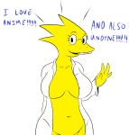  1girl alphyne alphys alphys_(undertale) anthro anthro_only breasts claws doctor english_text female_only glasses lab_coat lizard lizard_girl looking_at_viewer monster monster_girl non-mammal_breasts reptile reptile_girl scalie solo solo_anthro solo_female talking_to_viewer text undertale undertale_(series) video_games white_background yellow_body yellow_skin 