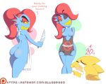 2_girls 2girls alphys alphys_(undertale) anthro apron blue_body blue_skin bluebreed breasts duo female female_anthro female_focus female_only glasses holding_knife knife lizard multiple_views naked_apron nipples non-mammal_breasts non-mammal_nipples patreon_username red_hair reptile scalie undertale undertale_(series) undyne video_games