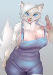 1girl 1girl 2016 anthro areola big_breasts black_nose blue_eyes breasts cat cleavage clothed clothing fangs feline fur furry grey_fur hair high_res looking_at_viewer mammal masak9 nipples open_mouth pawpads pink_pawpads short_hair smile teeth white_fur white_hair wide_hips