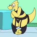  1girl alphys alphys_(undertale) anthro black_bra black_panties black_underwear bra claws female female_anthro female_only glasses indoors lizard panties reptile scalie solo solo_anthro solo_female undertale undertale_(series) underwear underwear_only video_games yellow_body yellow_skin 