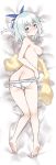 1girl absurdres ass barefoot blue_eyes blush breasts competition_swimsuit dakimakura feet hair_ribbon highres keijo looking_at_viewer looking_back lying miyata_sayaka multiple_views nipples on_back on_stomach one-piece_swimsuit ren_san ribbon short_hair silver_hair swimsuit swimsuit_pull towel white_swimsuit