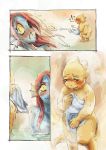  2015 2_girls alphyne alphys alphys_(undertale) anthro anthro_only blue_body blue_skin blush claws comic comic_page comic_panel duo embarrassed eyepatch female female/female female_anthro female_only fish fish_girl glasses lizard lizard_girl lizard_taro marine monster monster_girl red_hair reptile reptile_girl scalie slit_pupils undertale undertale_(series) undyne video_games yellow_body yellow_sclera yellow_skin 