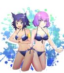  +_+ armband bare_shoulders bikini blue_eyes blue_hair commentary_request kawai_hanabi keijo purple_eyes purple_hair rokudou_rin star star-shaped_pupils swimsuit symbol-shaped_pupils thick_eyebrows yoshiteruxx 