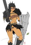 1girl armor belt black_hair blunt-katana blush boots chosen_undead constricted_pupils dark-skinned_female dark_skin dark_souls_(series) dark_souls_i dark_souls_ii embarrassed female_focus female_pubic_hair gauntlets greaves helmet highres huge_weapon knee_boots narrow_waist no_panties pelt pubic_hair red_eyes shield short_hair shoulder_pads simple_background skirt solo spiked_helmet strapless sword toned torn_clothes torn_skirt tube_top weapon wind wind_lift