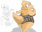  2d 2d_(artwork) alphys alphys_(undertale) annoying_dog_(undertale) anthro anthro_only artist_request breasts claws digital_media_(artwork) dog eyepatch female_focus fish fish_girl glasses lizard lizard_girl monster monster_girl non-mammal_breasts polka_dot reptile reptile_girl scalie solo_focus undertale undertale_(series) undyne video_games white_background yellow_body yellow_skin 