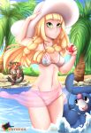 beach bikini deviantart hat holding_poke_ball lillie lillie_(pokemon) litten palm_tree patreon poke_ball pokeball pokemon pokemon_sm popplio rainbowscreen rowlet see-through see-through_skirt skirt sun_hat tree water