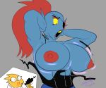  2010s 2016 2girls alphyne alphys alphys_(undertale) anthro anthro_only artist_signature big_breasts blue_body blue_skin breast_expansion breasts claws doctor duo eyepatch female female/female female_anthro female_focus female_only fish fish_girl glasses grey_background lab_coat lizard lizard_girl marine monster monster_girl nipples non-mammal_breasts nosebleed red_hair red_nipples reptile reptile_girl scalie simple_background slit_pupils solid_color_background solo_focus surprised surprised_expression undertale undertale_(series) undyne video_games yellow_body yellow_sclera yellow_skin 