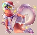 1girl 2016 all_fours anthro areola armwear ass big_breasts blonde_hair blue_eyes breasts christmas clothed clothing dk- fin fish furry green_hair hair hat heart holidays iwbitu legwear looking_at_viewer marine nipples partially_clothed purple_nipples purple_skin shark sideboob teeth