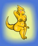 1girl alphys anthro anthro_only artist_request breasts claws dinosaur dinosaur_girl female_anthro female_only glasses gradient_background lizard lizard_girl monster monster_girl nipples non-mammal_breasts non-mammal_nipples reptile reptile_girl scalie scalie_female solo solo_anthro solo_female undertale undertale_(series) video_games yellow_body yellow_skin