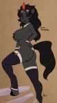  1girl 1girl 2016 anthro armpits black_fur breasts clothing crossgender equine eye_mist fluff-kevlar friendship_is_magic fur furry hooves horn king_sombra_(mlp) legwear mammal my_little_pony nipples pussy smile stockings unicorn 