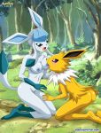  2_girls ass barefoot bbmbbf blue_skin blush breast_licking breast_press breasts day females forest glaceon jolteon licking multiple_girls nintendo nipples nude open_mouth outside palcomix pokemon pokepornlive soles toes tongue tongue_out watermark yellow_skin yuri 