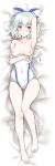 1girl absurdres ass barefoot blue_eyes blush breasts competition_swimsuit dakimakura feet hair_ribbon highres keijo looking_at_viewer looking_back lying miyata_sayaka multiple_views nipples on_back on_stomach one-piece_swimsuit ren_san ribbon short_hair silver_hair swimsuit swimsuit_pull towel white_swimsuit