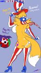 1girl 4th_of_july american_flag_armwear american_flag_clothing american_flag_hat american_flag_headwear american_flag_high_heels american_flag_legwear american_flag_thigh_highs anthro ass bandai_namco big_ass big_breasts blush breasts breasts_out canid canine digimon digimon_(species) digimon_tamers duo fakeryway fox heart_eyes heart_symbol high_res holidays humanoid imp impmon male male/female mammal mostly_nude mostly_nude_anthro renamon thick_thighs vixen