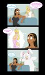  2girls big_breasts black_hair blonde_hair blue_eyes bluntkatana bunny_costume dark-skinned_female dutch_(bluntkatana) green_eyes light-skinned_female lingerie original thought_bubble 