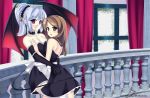 2_girls 2girls :d arm arms art babe back bare_arms bare_back black_choker black_dress black_gloves blush breasts brown_eyes brown_hair character_request choker cleavage curtains dated demon_girl demon_tail demon_wings dress elbow_gloves formal frilled_dress frills gloves handsofmidaz handsofmidaz_(artist) hugging indoors interspecies kurono_kurumu kurumu_kurono looking_at_viewer looking_back love multiple_girls mutual_yuri open_mouth ponytail purple_eyes rosario_+_vampire rosario_to_vampire short_hair silver_hair smile standing strapless strapless_dress tail window wings yuri