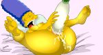 blue_hair cum_from_pussy dildo dildo_in_vagina evilweazel_(artist) large_insertion lying marge_simpson masturbation the_simpsons wet_pussy yellow_skin